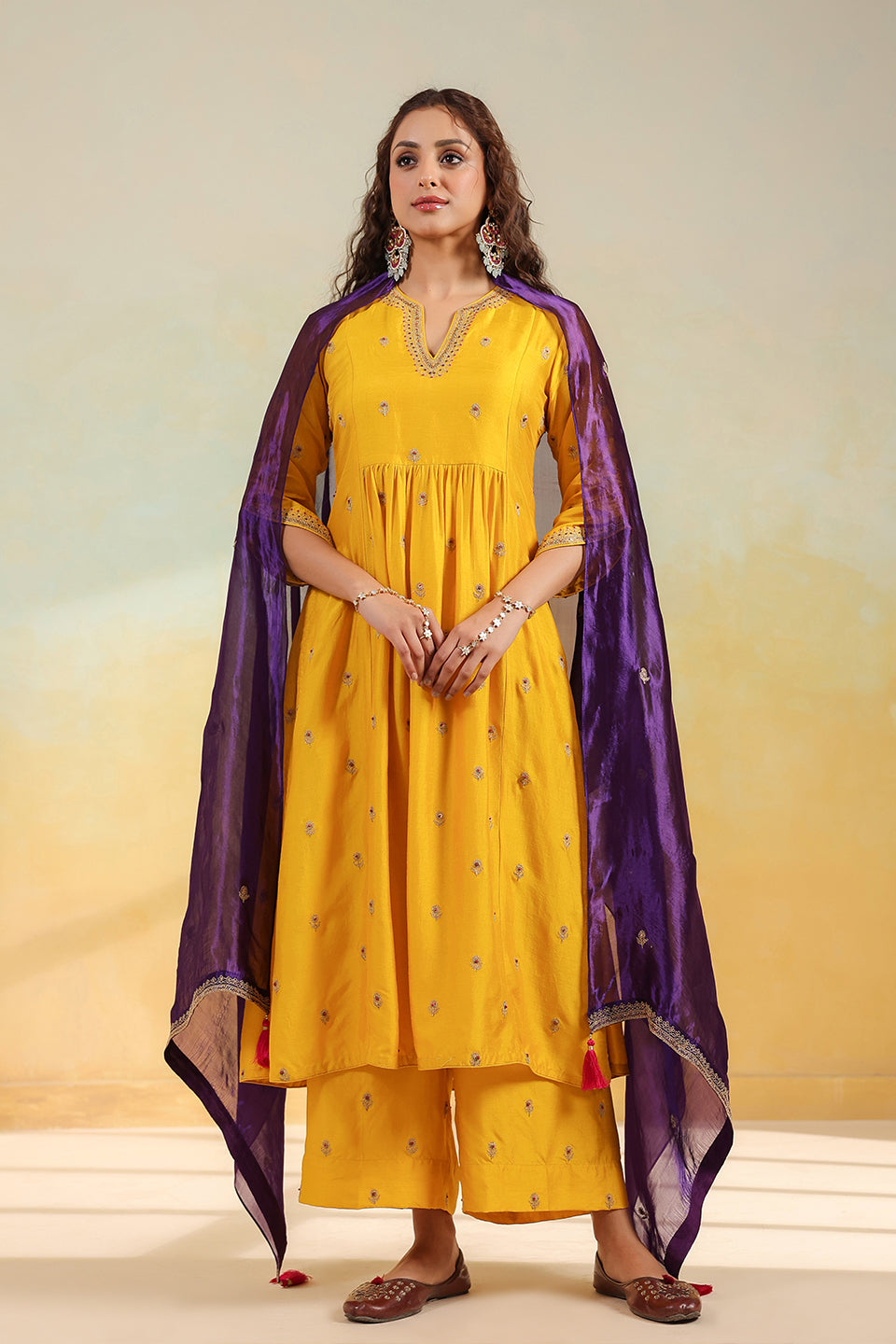 Yellow Multi Zardozi Buti Frockstyle Kurta set