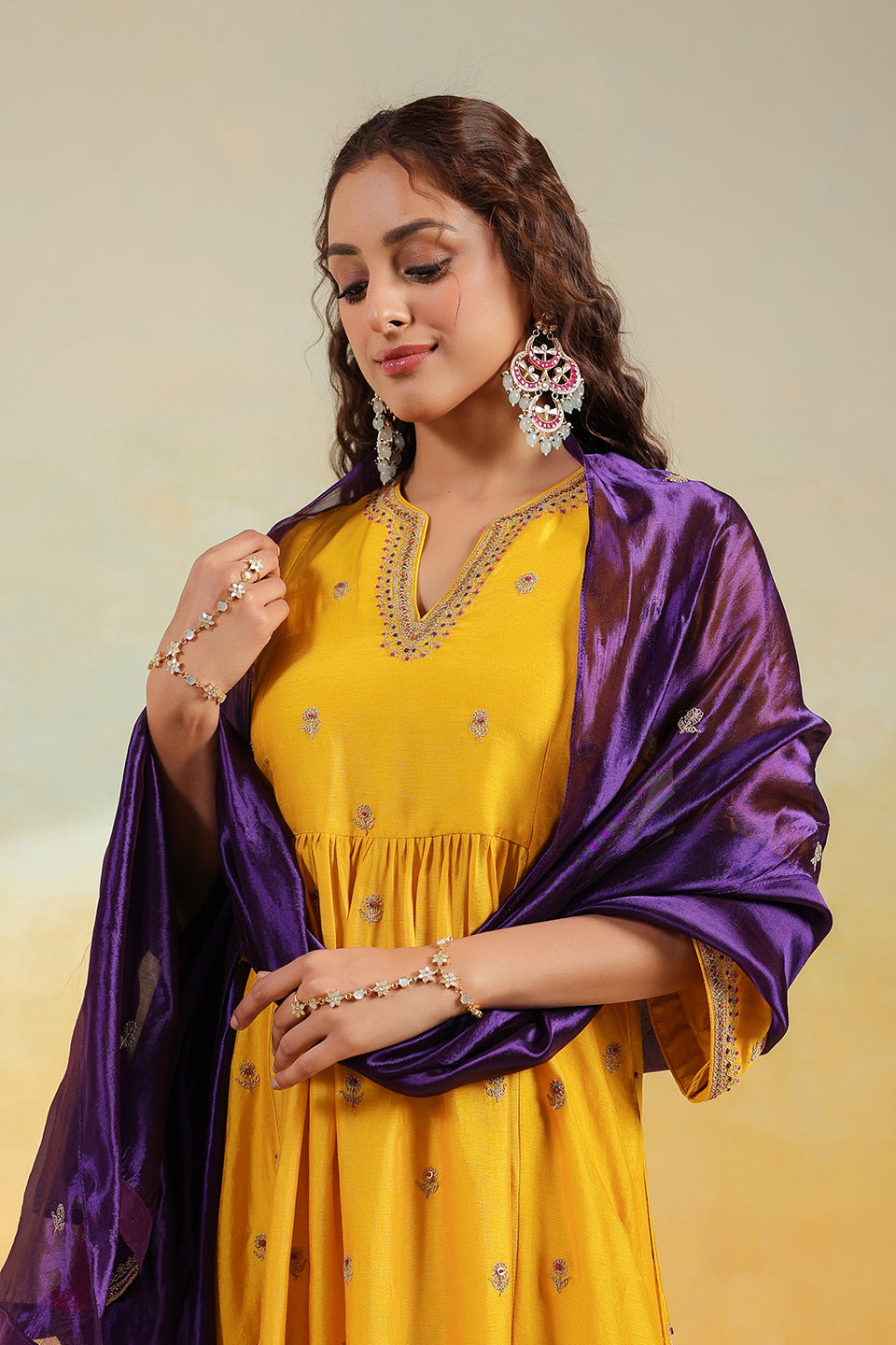 Yellow Multi Zardozi Buti Frockstyle Kurta set