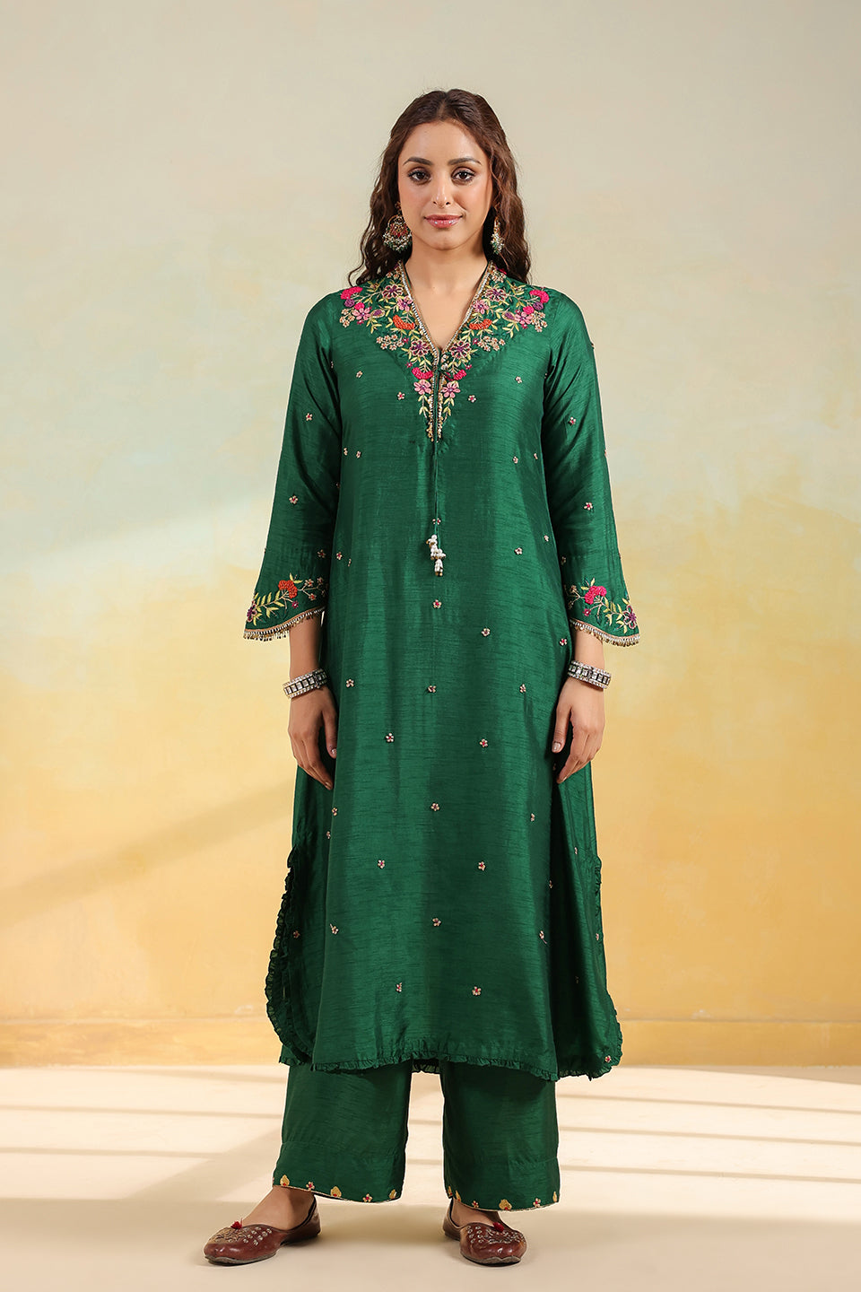 Green Multicolor French Knot Kurta Set