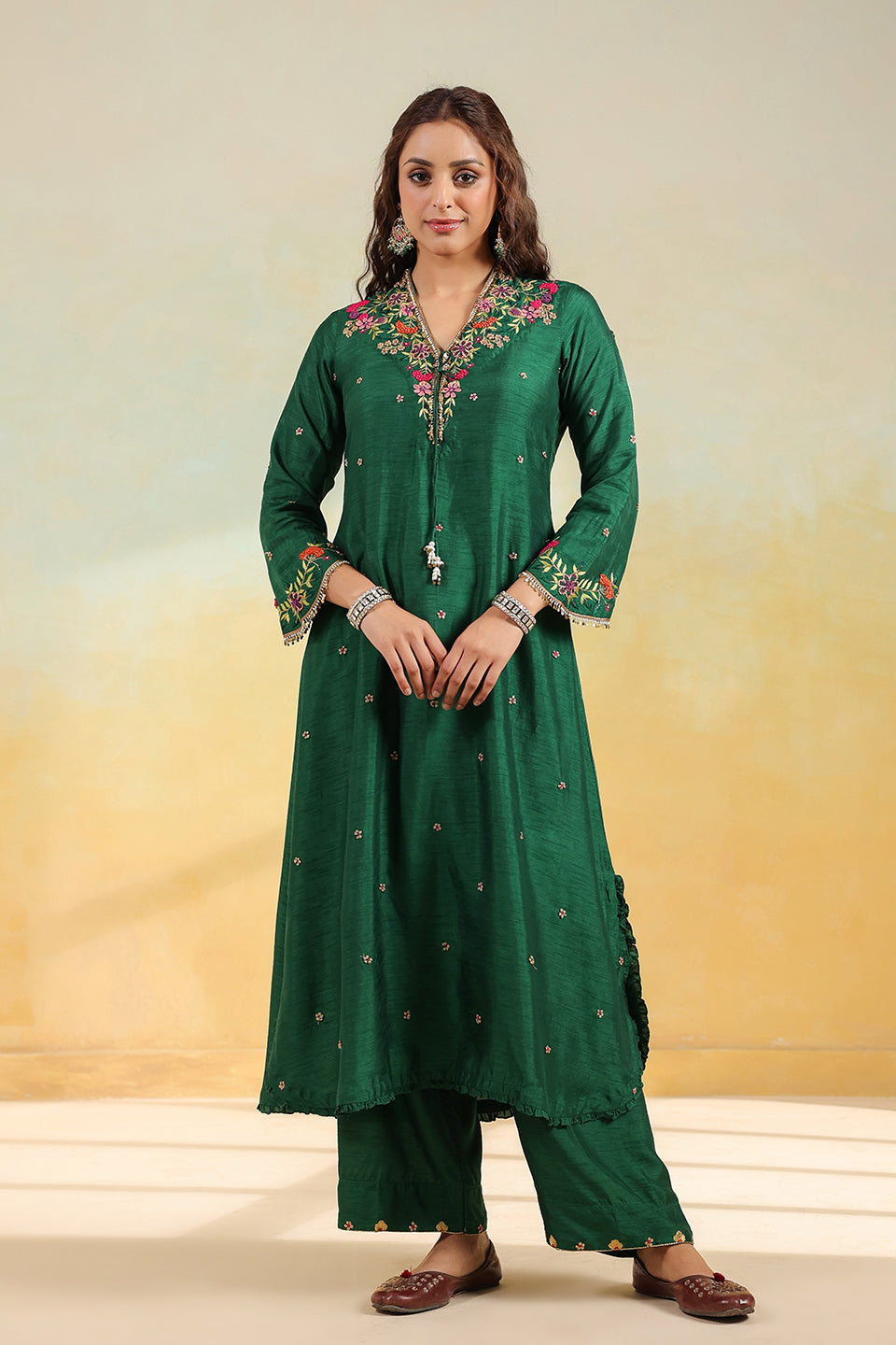 Green Multicolor French Knot Kurta Set
