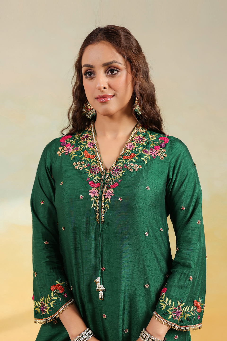 Green Multicolor French Knot Kurta Set