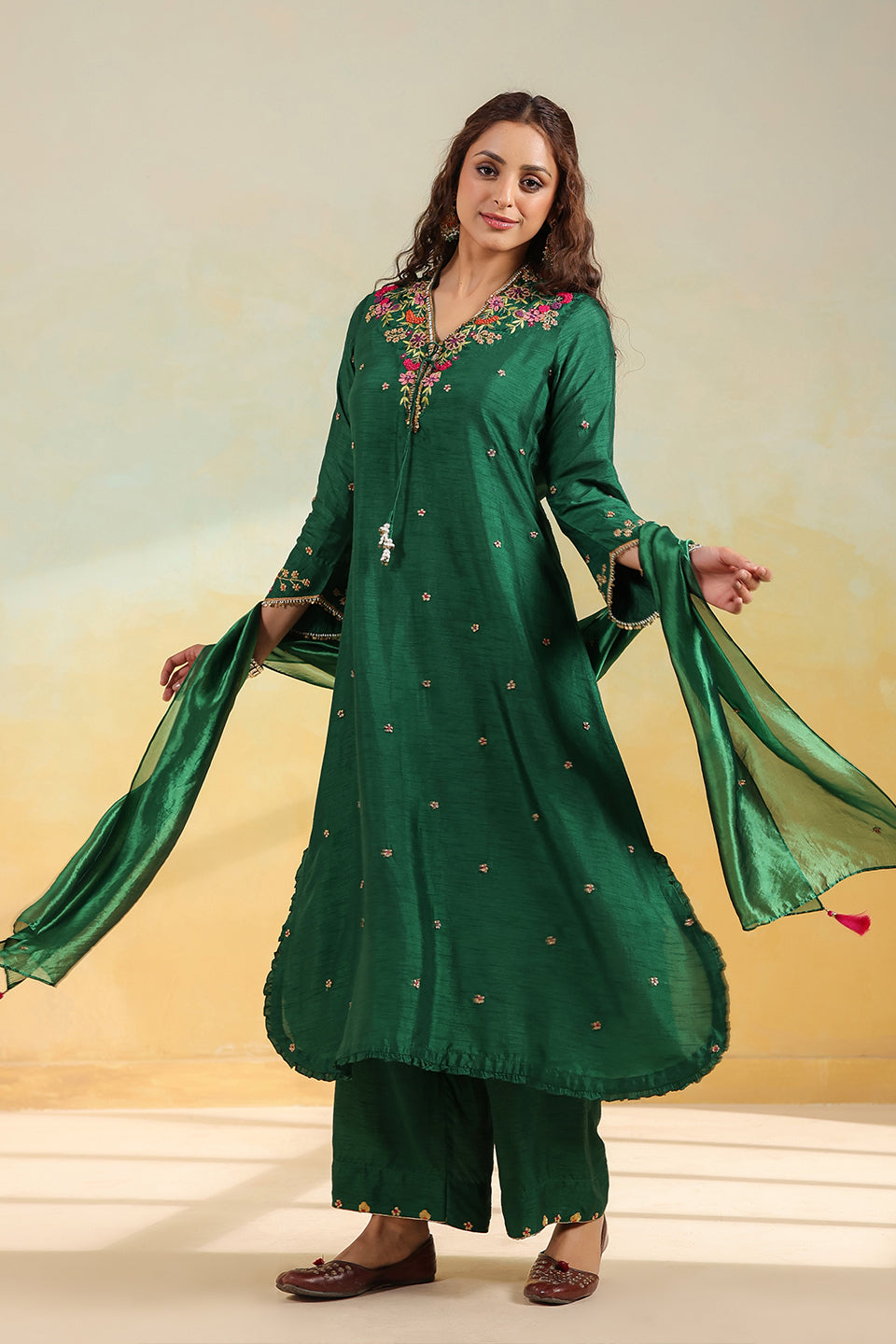 Green Multicolor French Knot Kurta Set