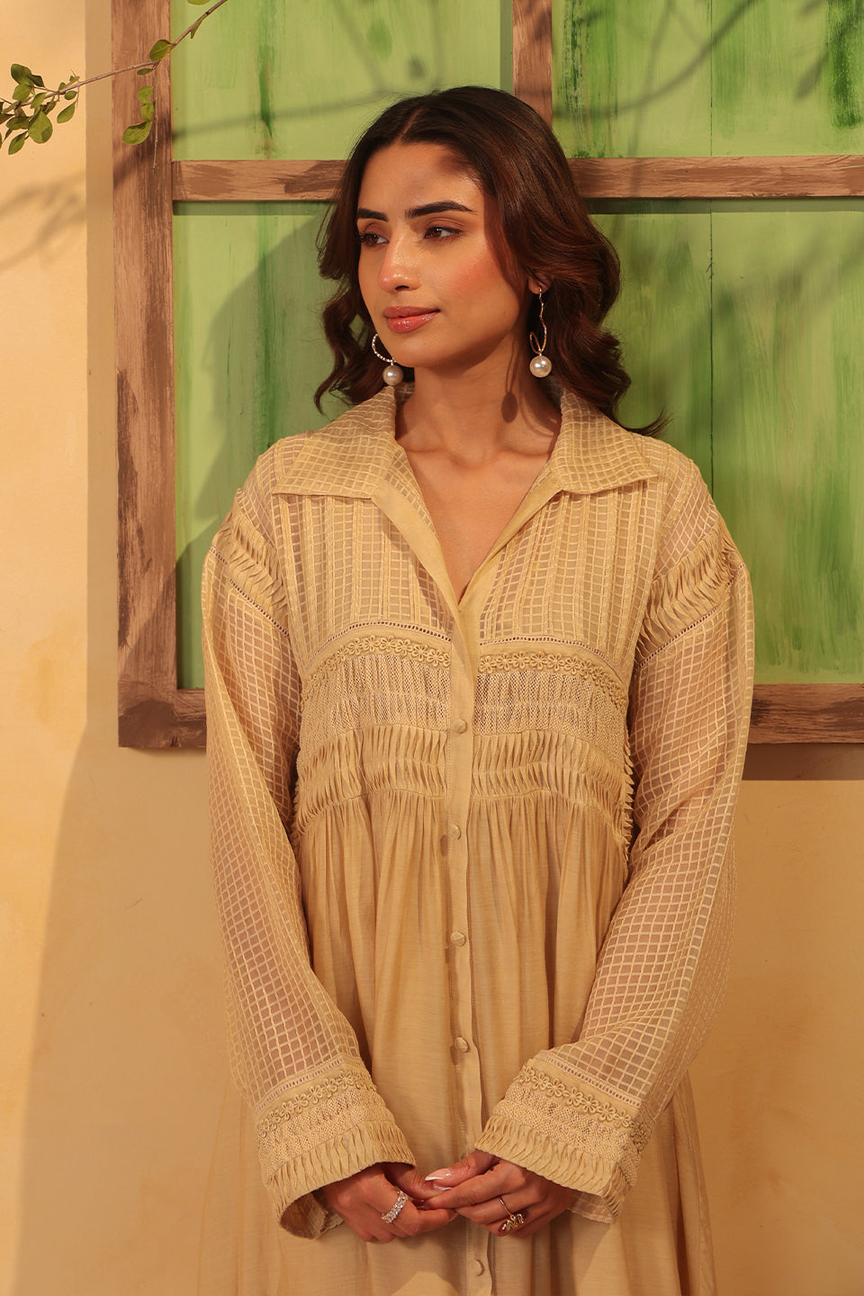 Vaayu Beige Pintuck Collar Kurta Set