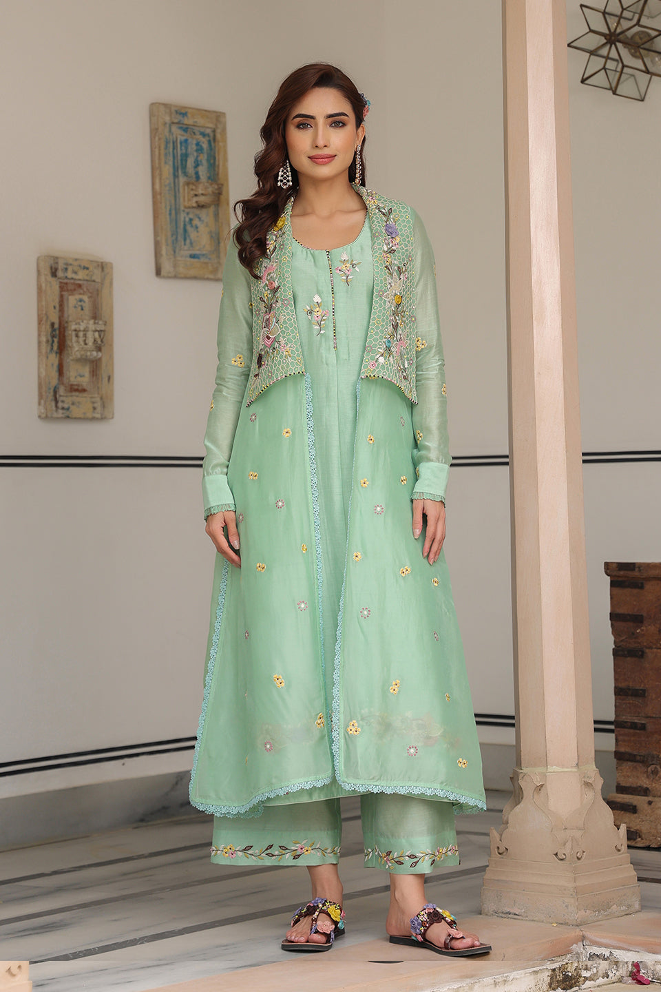Gulzar Green Jacket Style Kurta Set