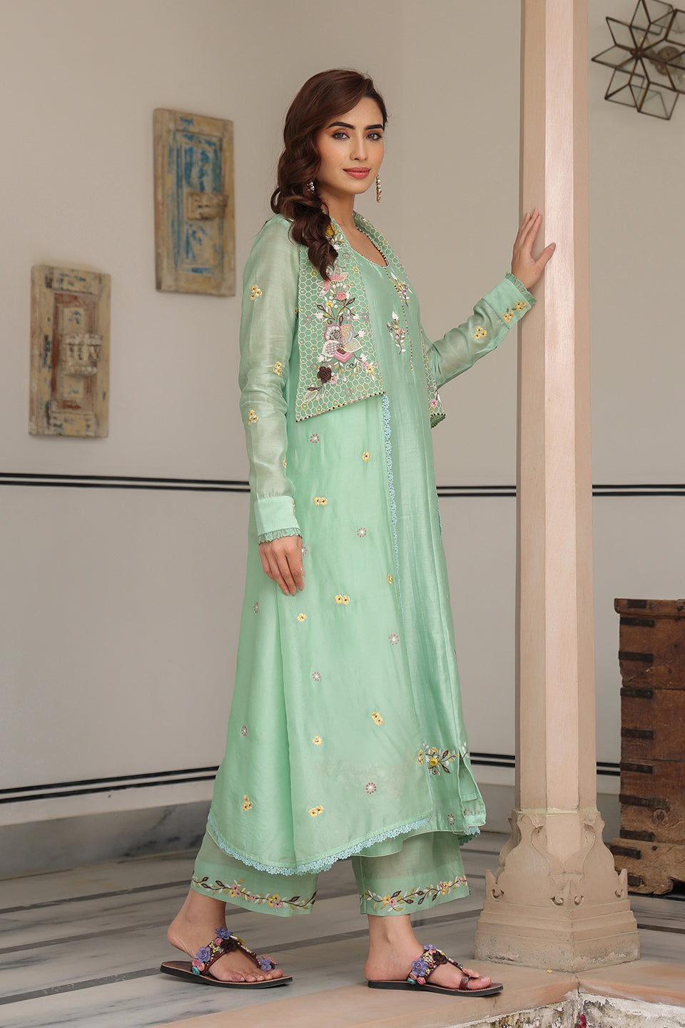 Gulzar Green Jacket Style Kurta Set