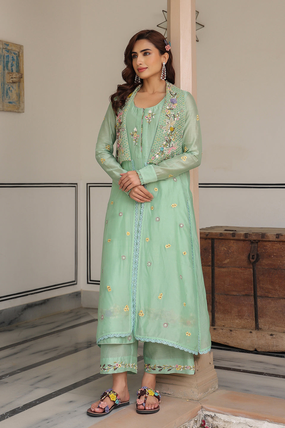 Gulzar Green Jacket Style Kurta Set