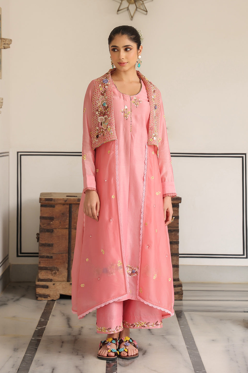 Gulzar Pink Jacket Style Kurta Set