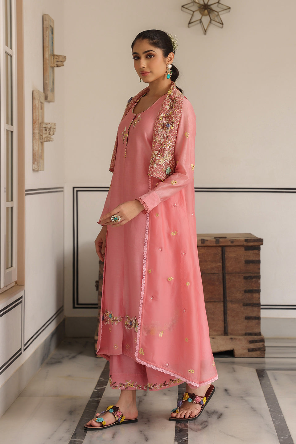 Gulzar Pink Jacket Style Kurta Set