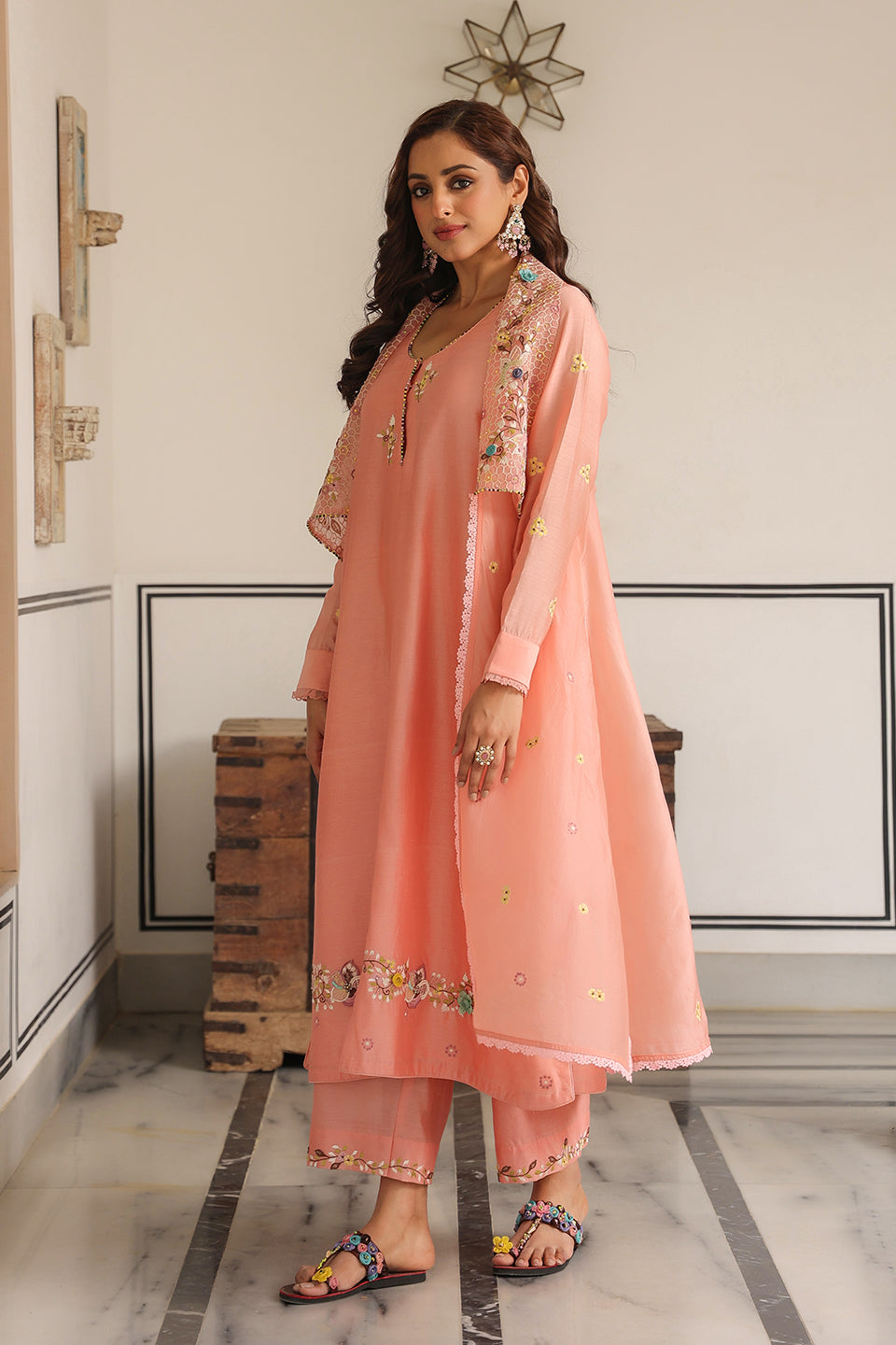 Gulzar Peach Jacket Style Kurta Set