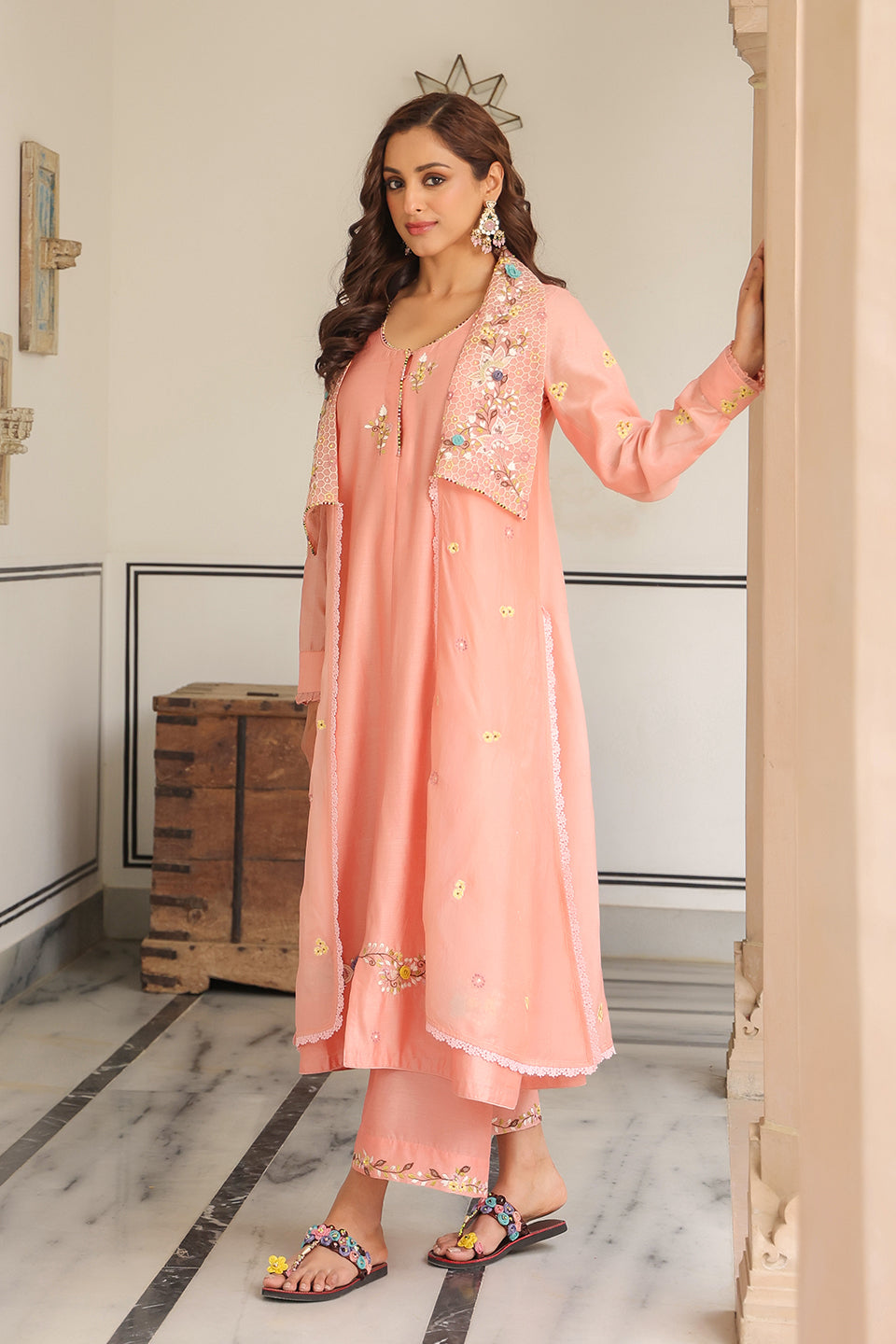 Gulzar Peach Jacket Style Kurta Set