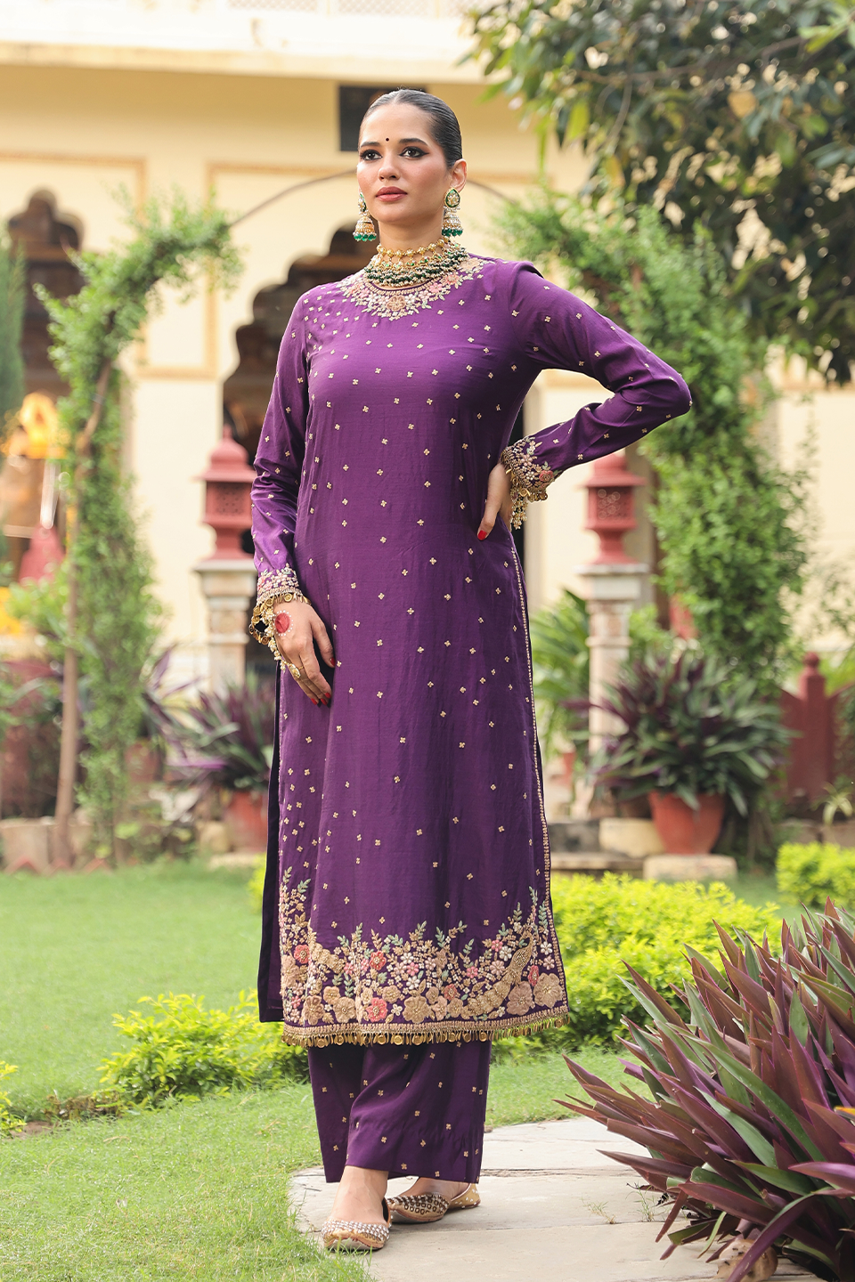 Ahista Purple Mayur Applique Long Kurta Set