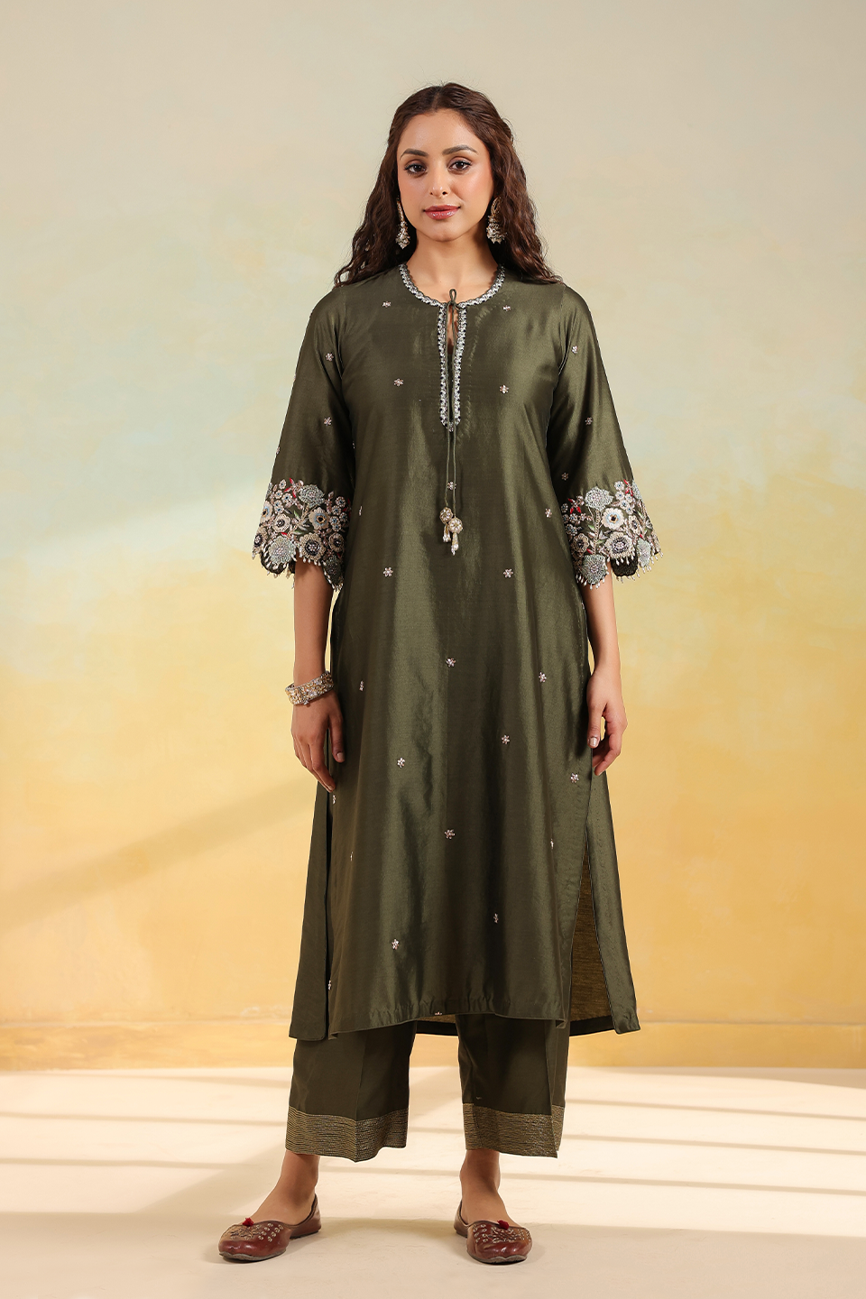 Olive Green Rose Cut Scallop Kurta Set