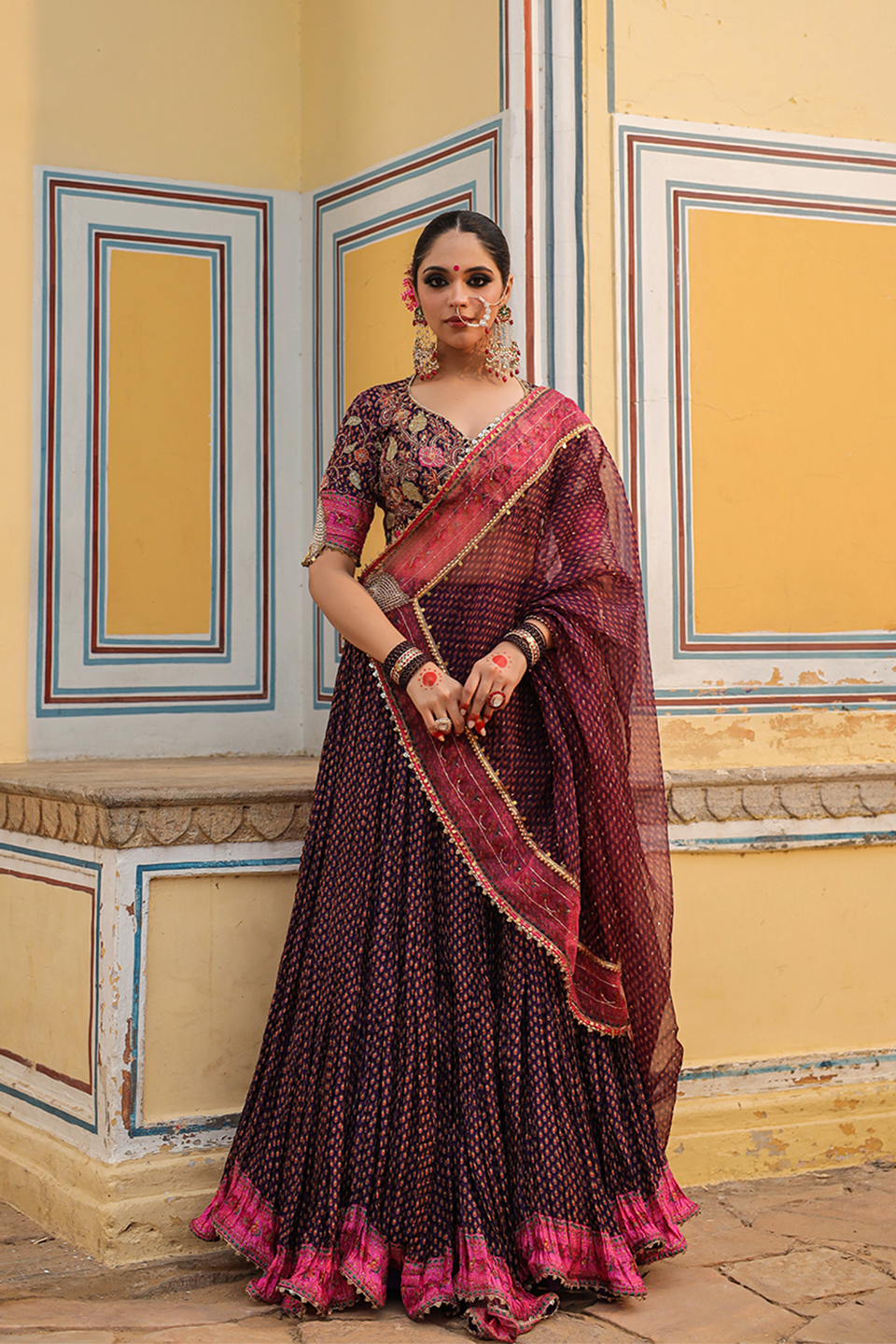 Cheent Print Applique Crushed Lehenga