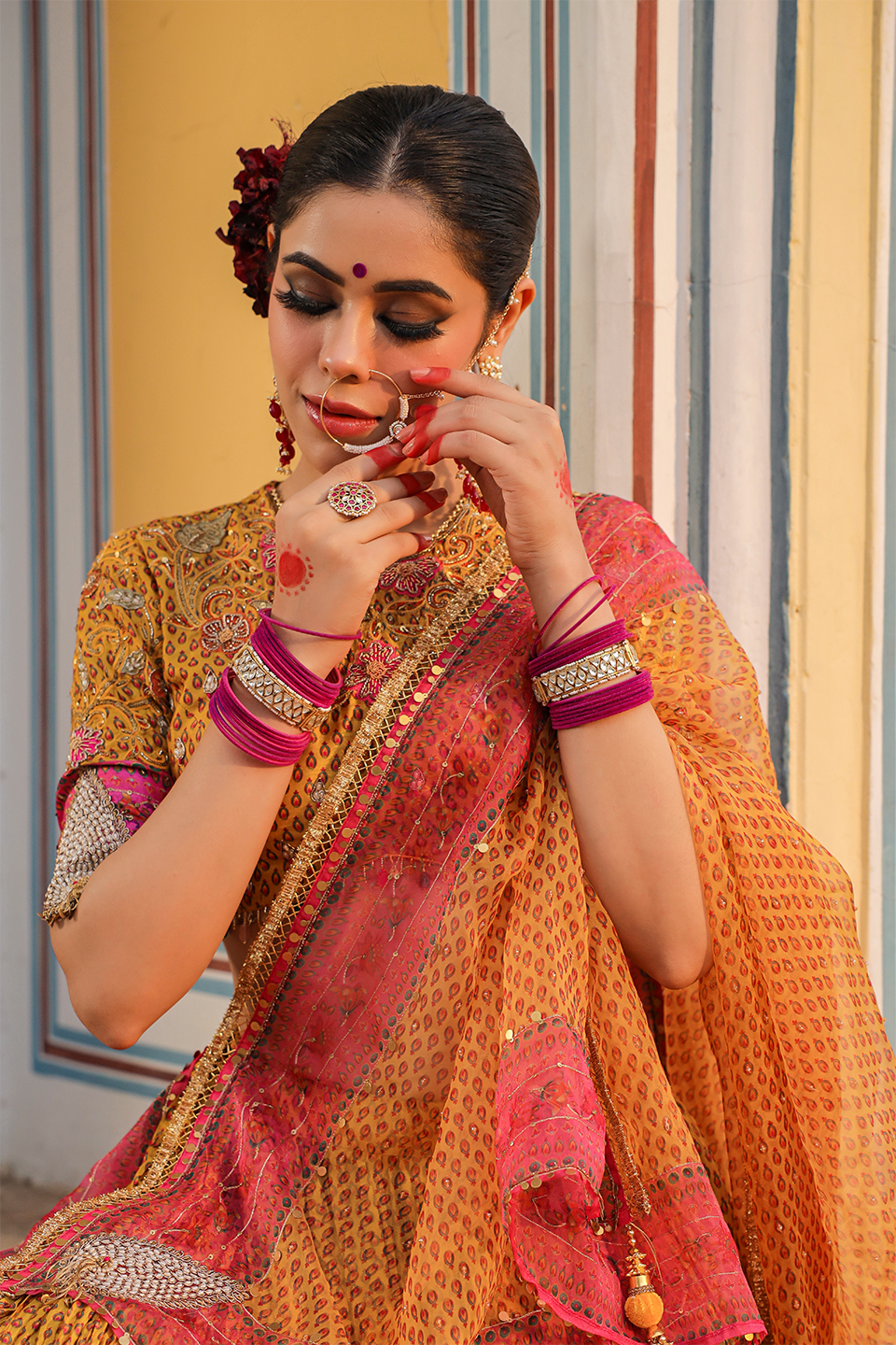 Cheent Print Floral Applique Crushed Lehenga