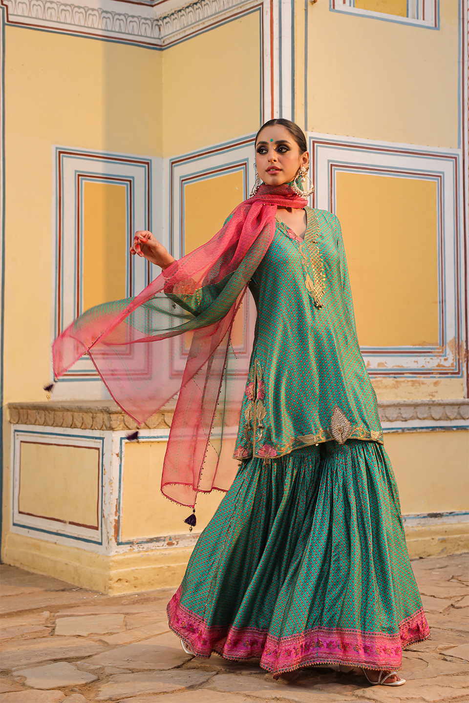 Cheent Print Sharara Cut Work + Heavy Hem