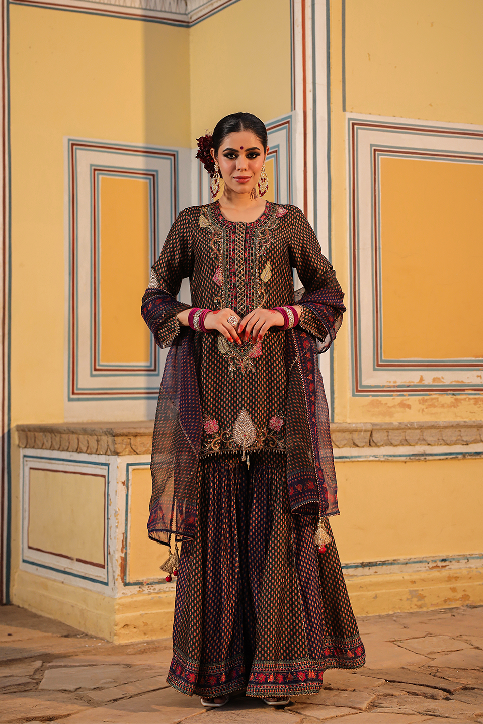 Cheent Print Dual Sharara Heavy Neck + Hem