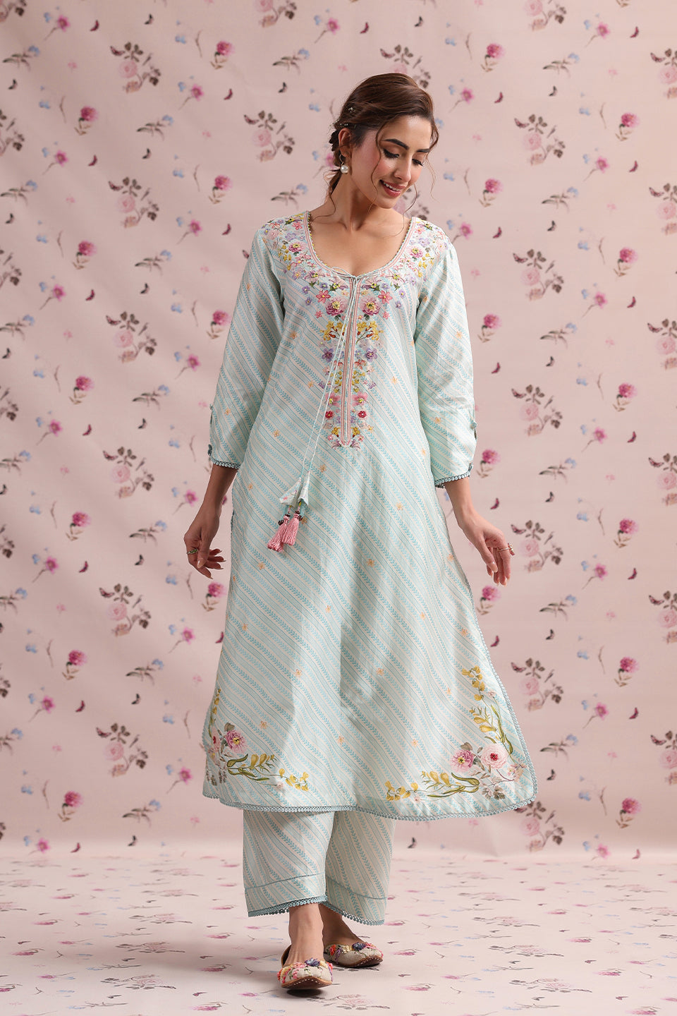 Noor Light Blue Striped Straight Long Kurta Set