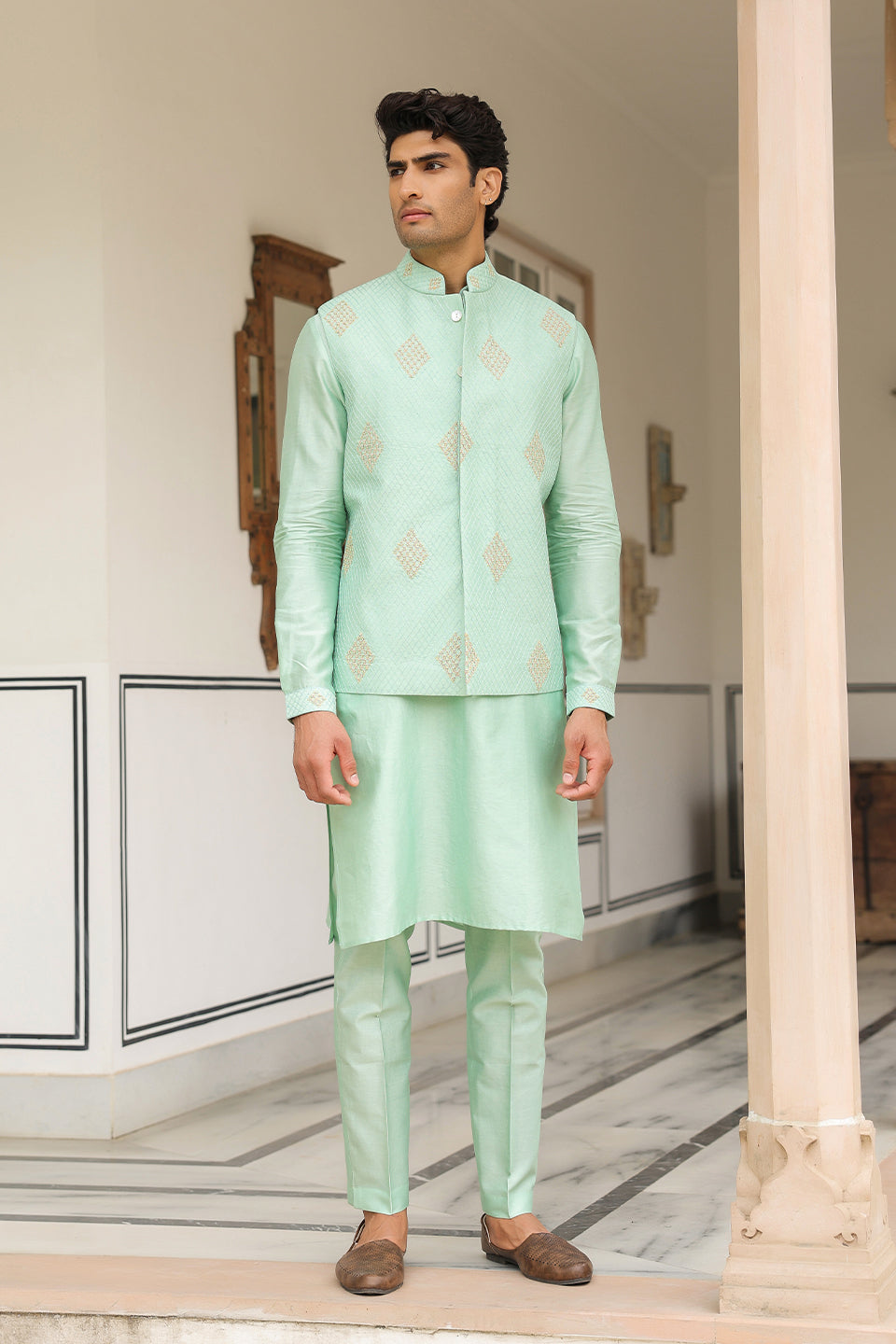Gulzar Mint Green Geometric Threadwork Bandi Kurta Set