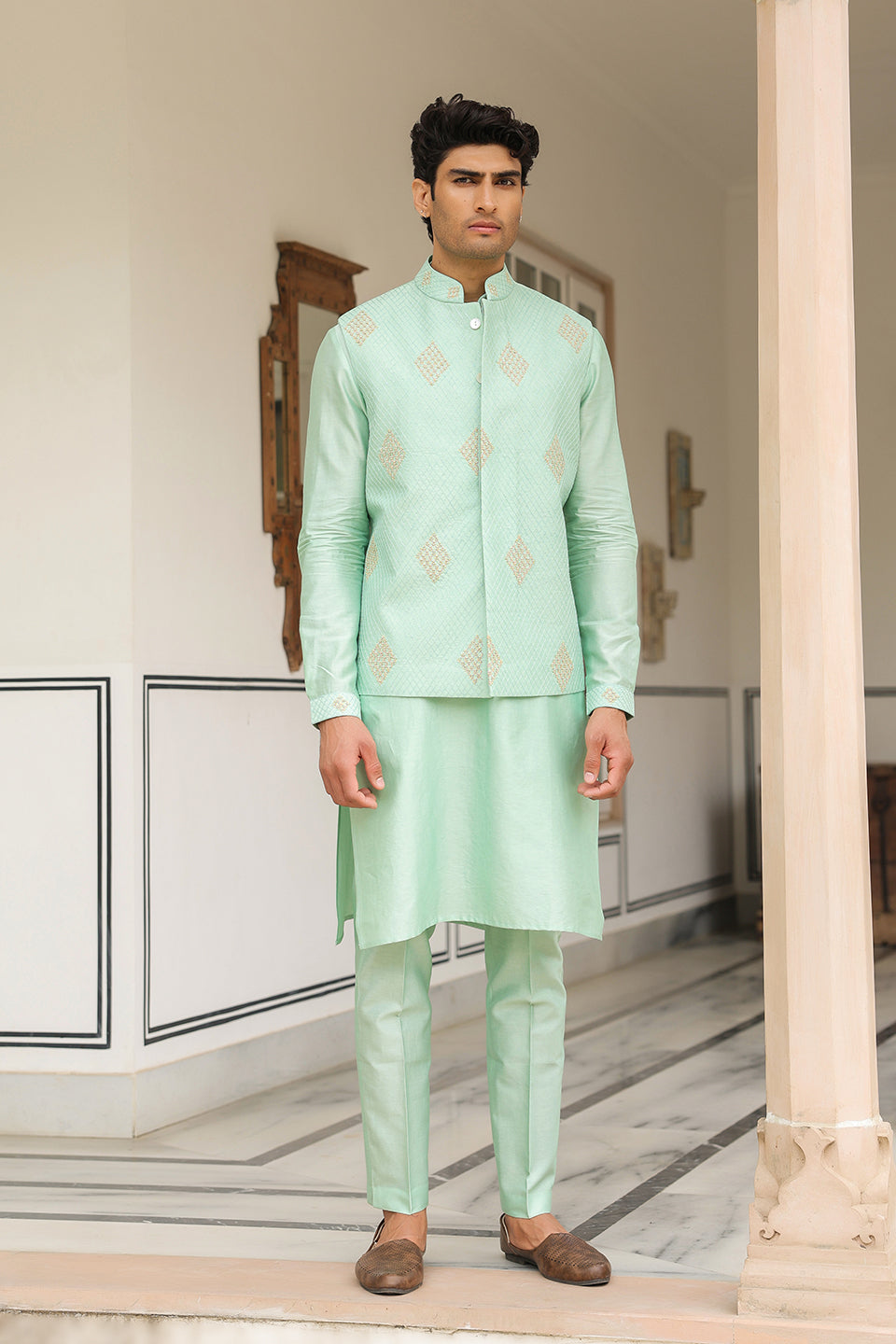 Gulzar Mint Green Geometric Threadwork Bandi Kurta Set
