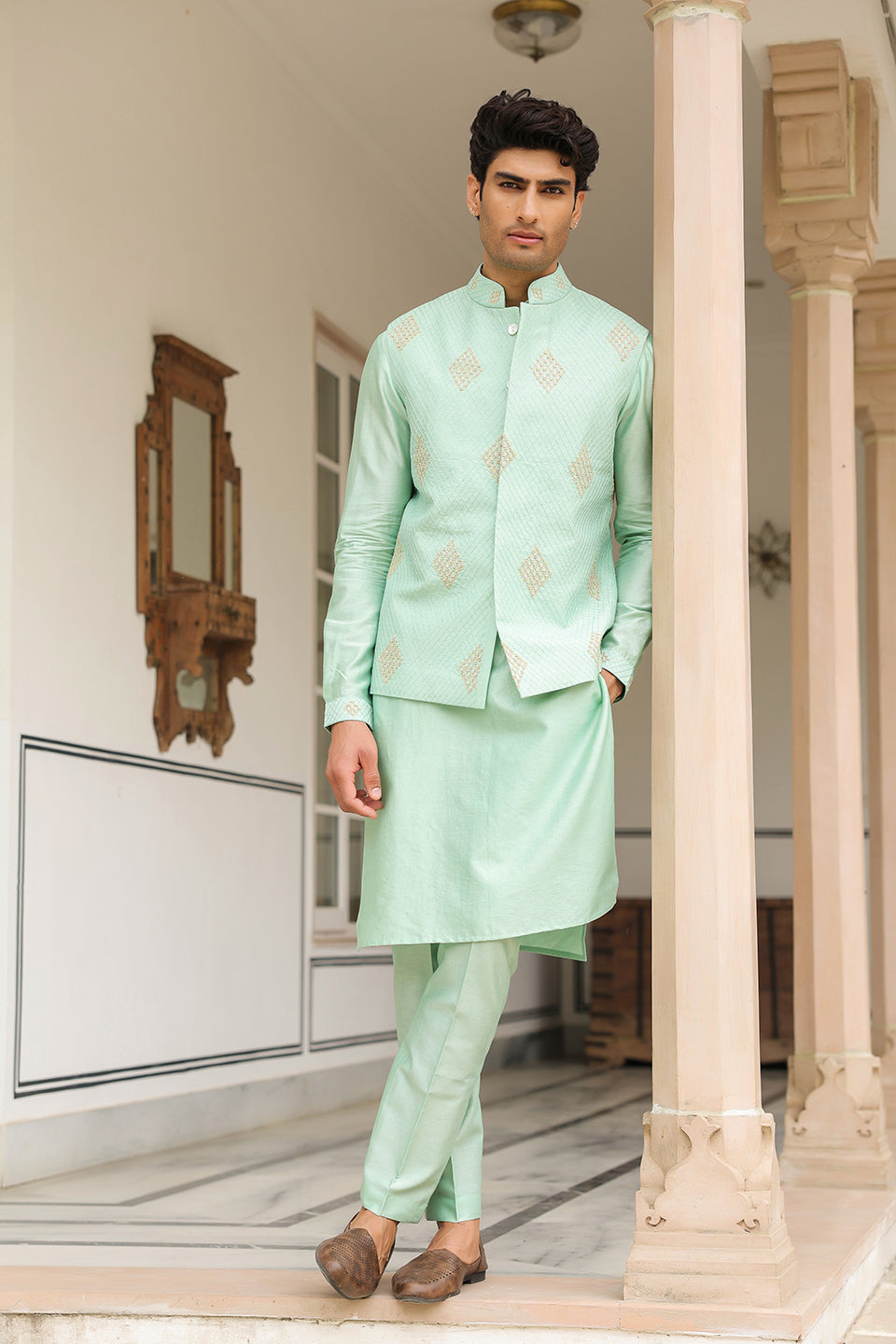 Gulzar Mint Green Geometric Threadwork Bandi Kurta Set
