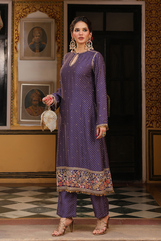 Ahista Purple Printed Mayur Applique Long Kurta Set