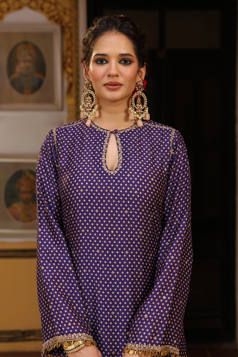 Ahista Purple Printed Mayur Applique Long Kurta Set