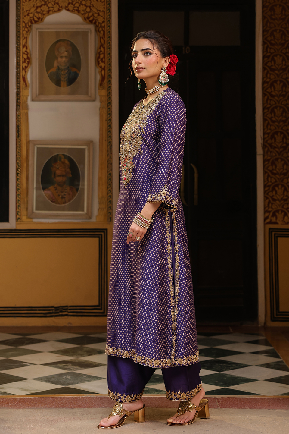 Ahista Purple Printed Mayur Applique Long Kurta Set