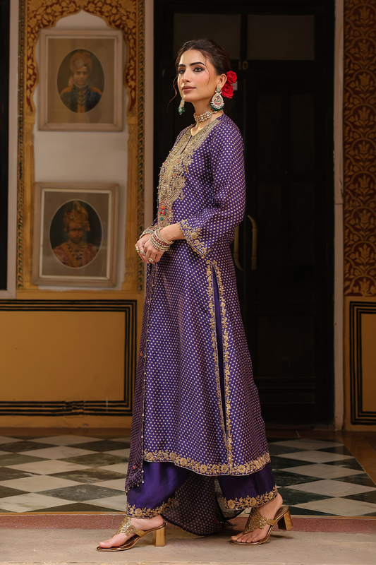 Ahista Purple Printed Pakhi Yoke Heavy Straight Kurta Set