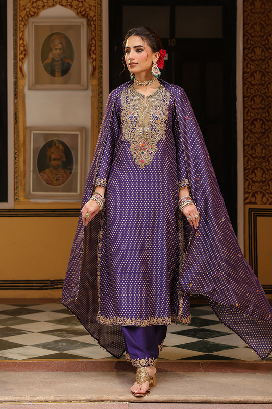 Ahista Purple Printed Pakhi Yoke Heavy Straight Kurta Set