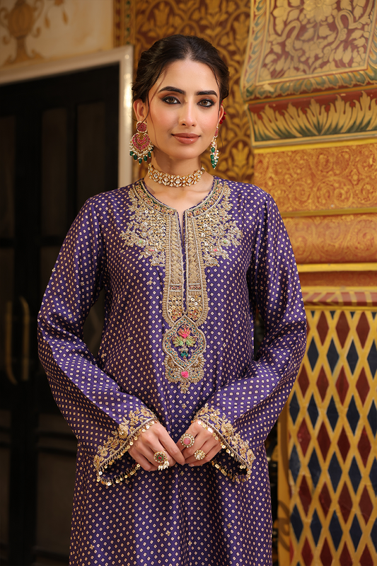 Ahista Purple Printed Pakhi Yoke Straight Kurta Set