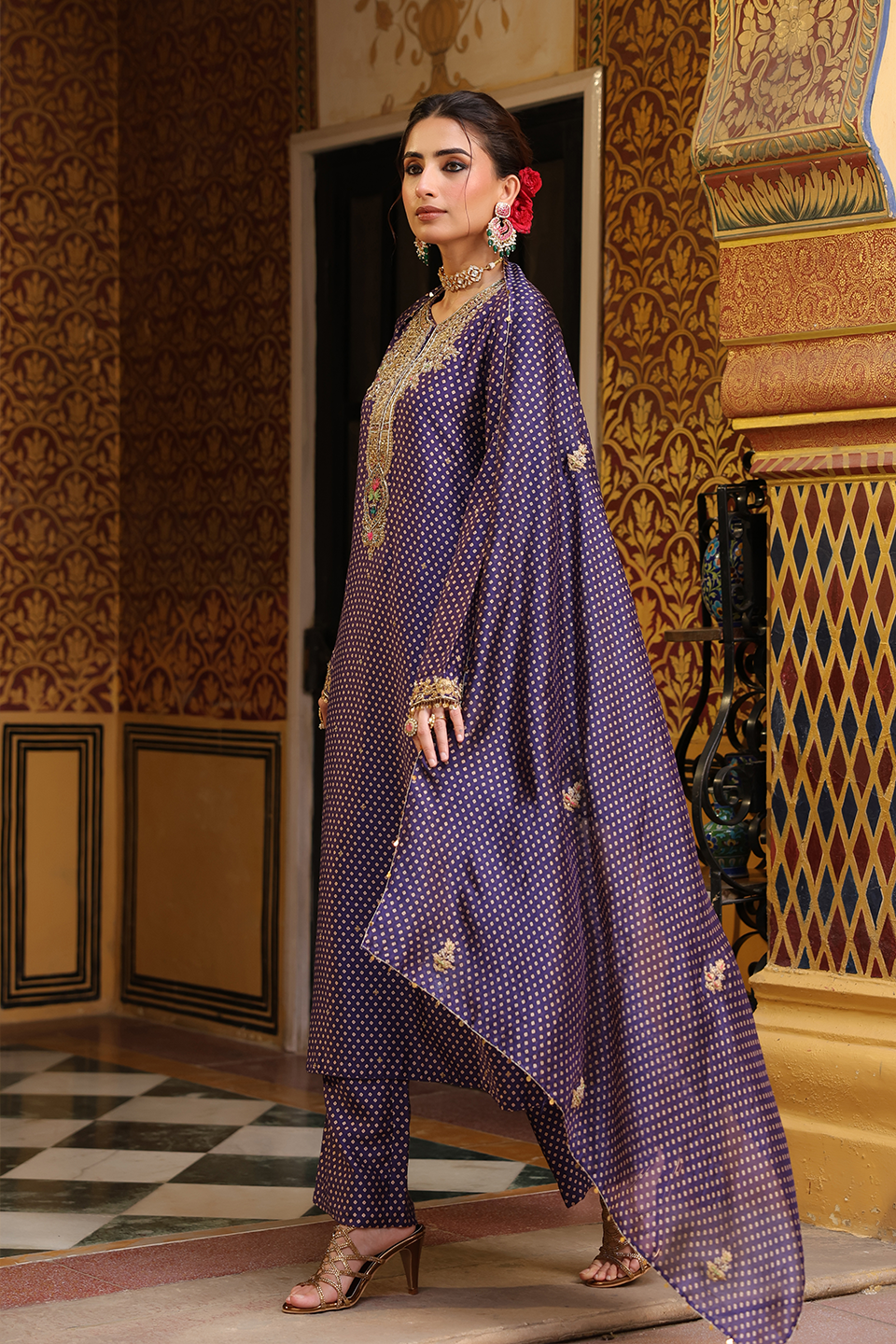 Ahista Purple Printed Pakhi Yoke Heavy Straight Kurta Set