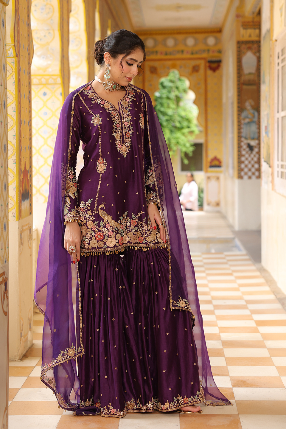 Ahista Purple Mayur Applique Heavy Sharara Set