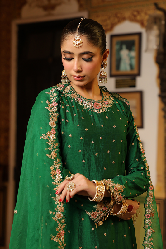 Ahista Green Mayur Applique Long Kurta With Heavy Dupatta