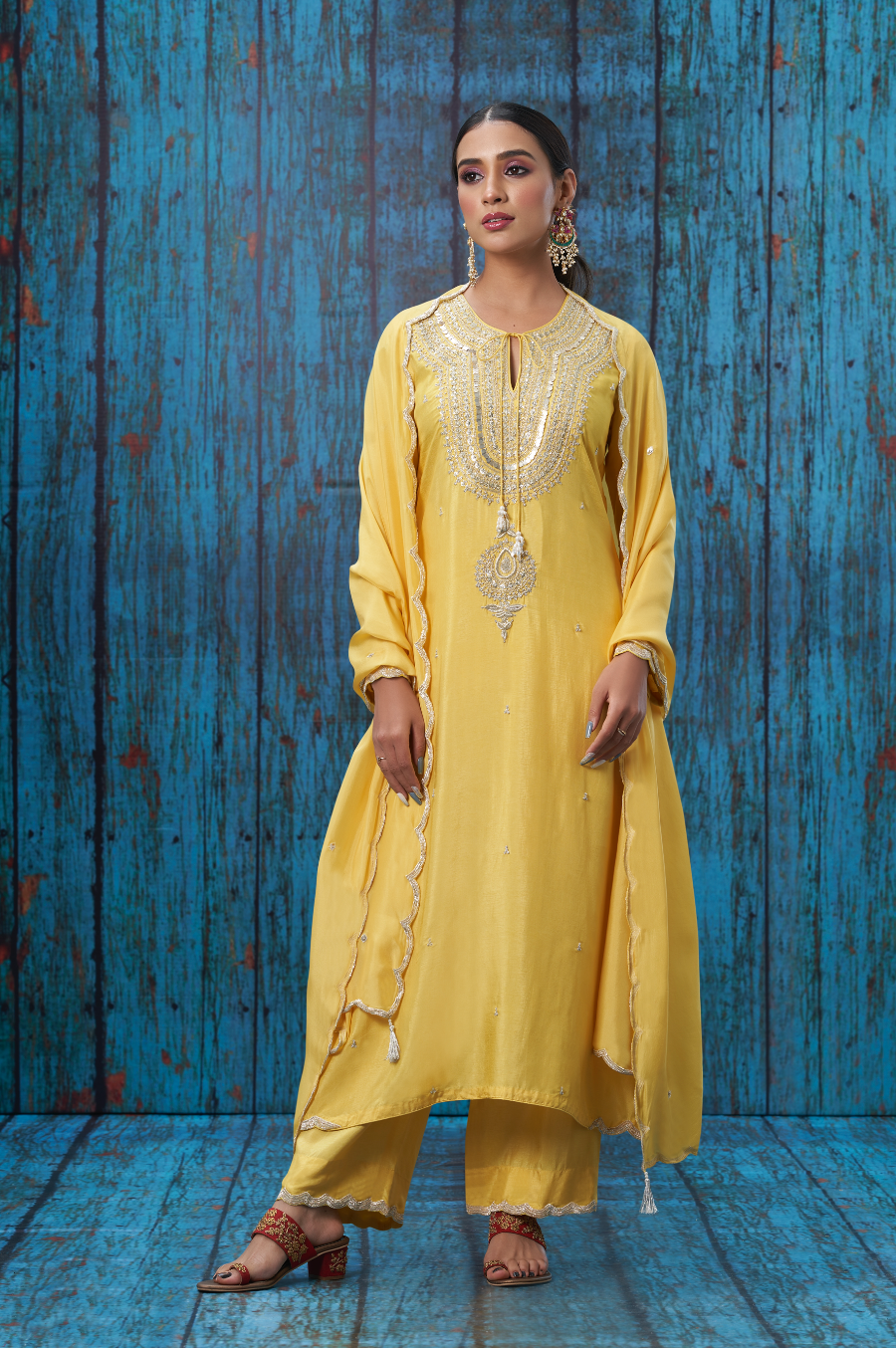 Yellow Tikki and Silver Zardozi Kurta Set