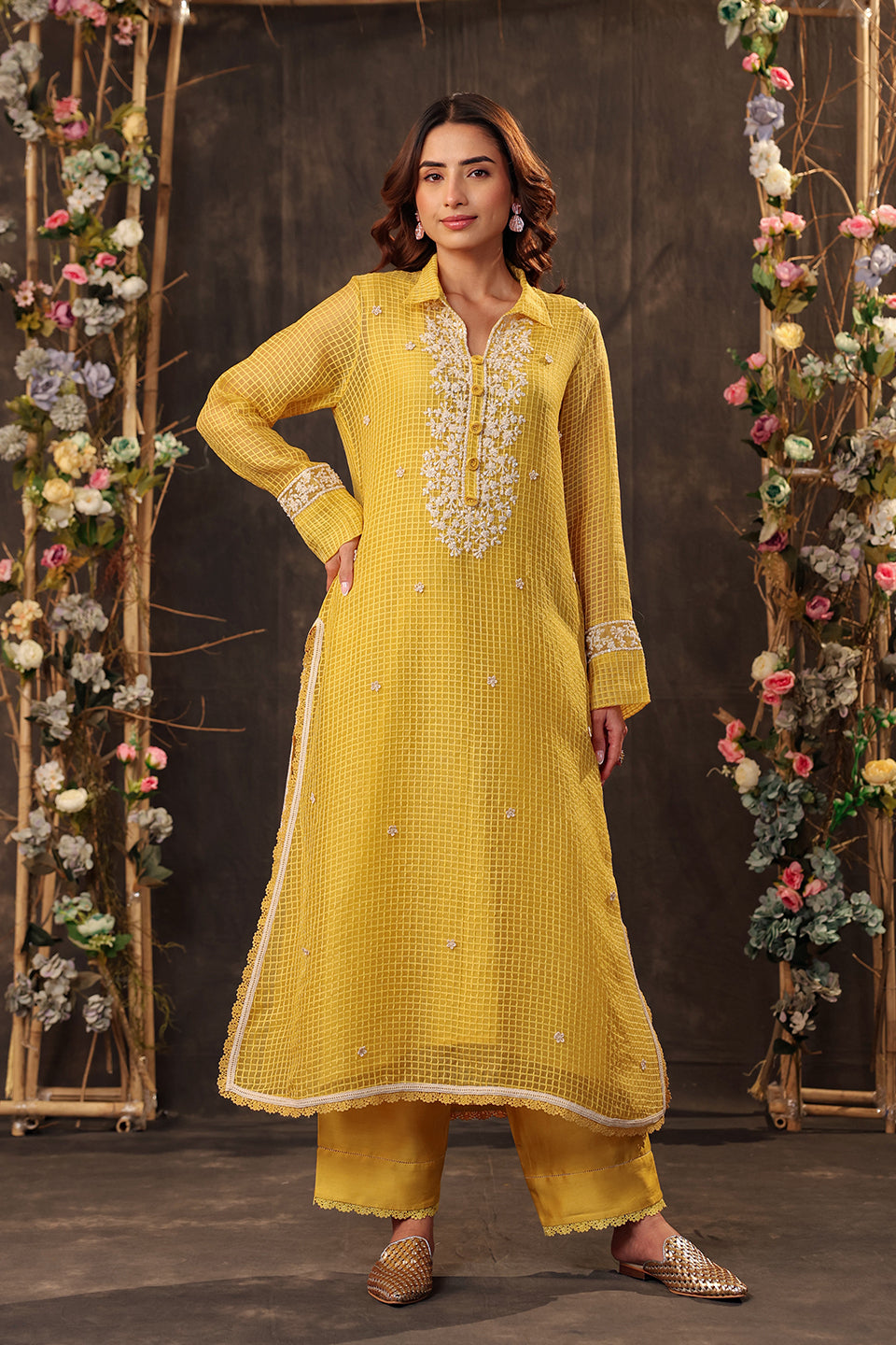 Vaayu Yellow Collar Kurta Set