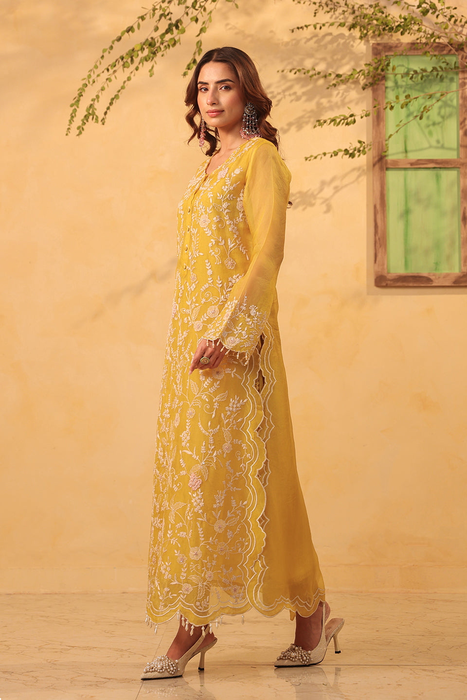 Vaayu Yellow Heavy Jaal Scallop Kurta Set