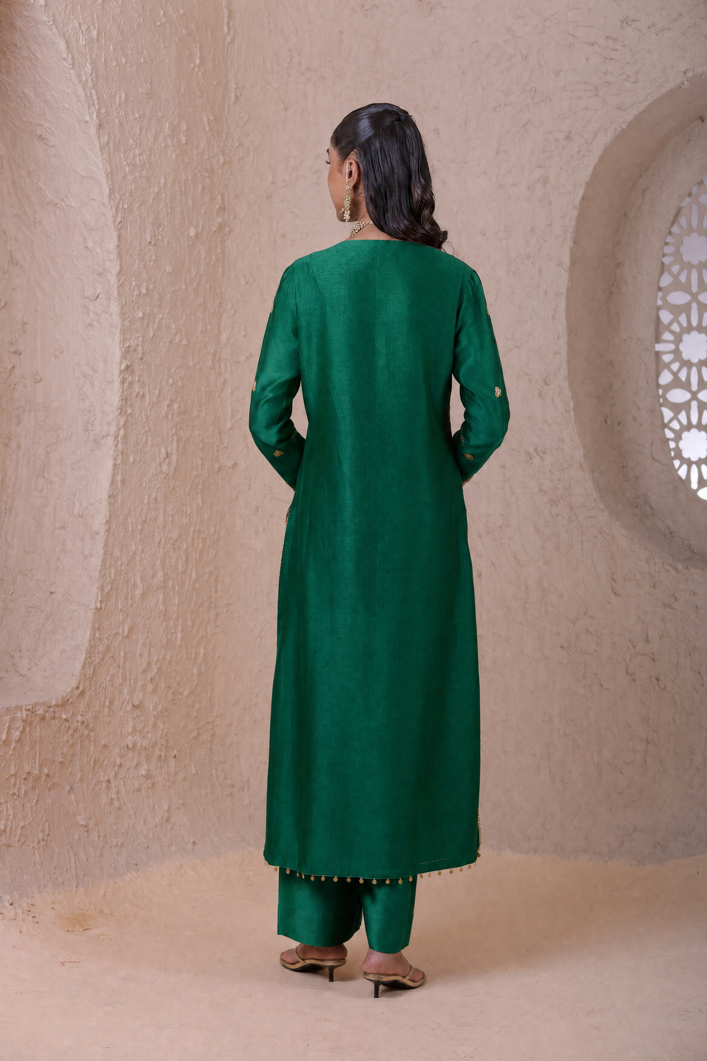 Rangrez Green Aari Dori Long Kurta Set