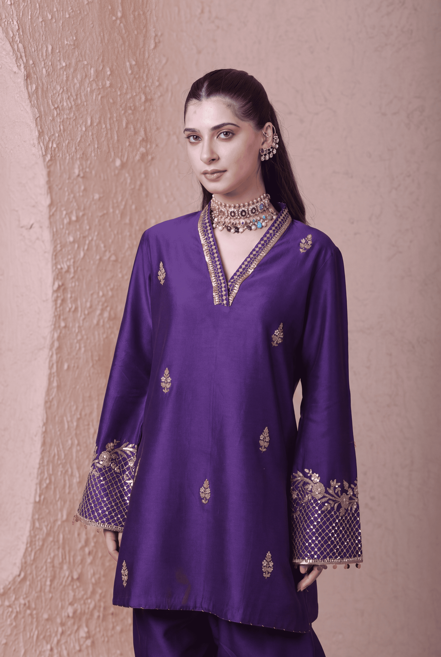Rangrez Purple V Neck Short Kurta Set