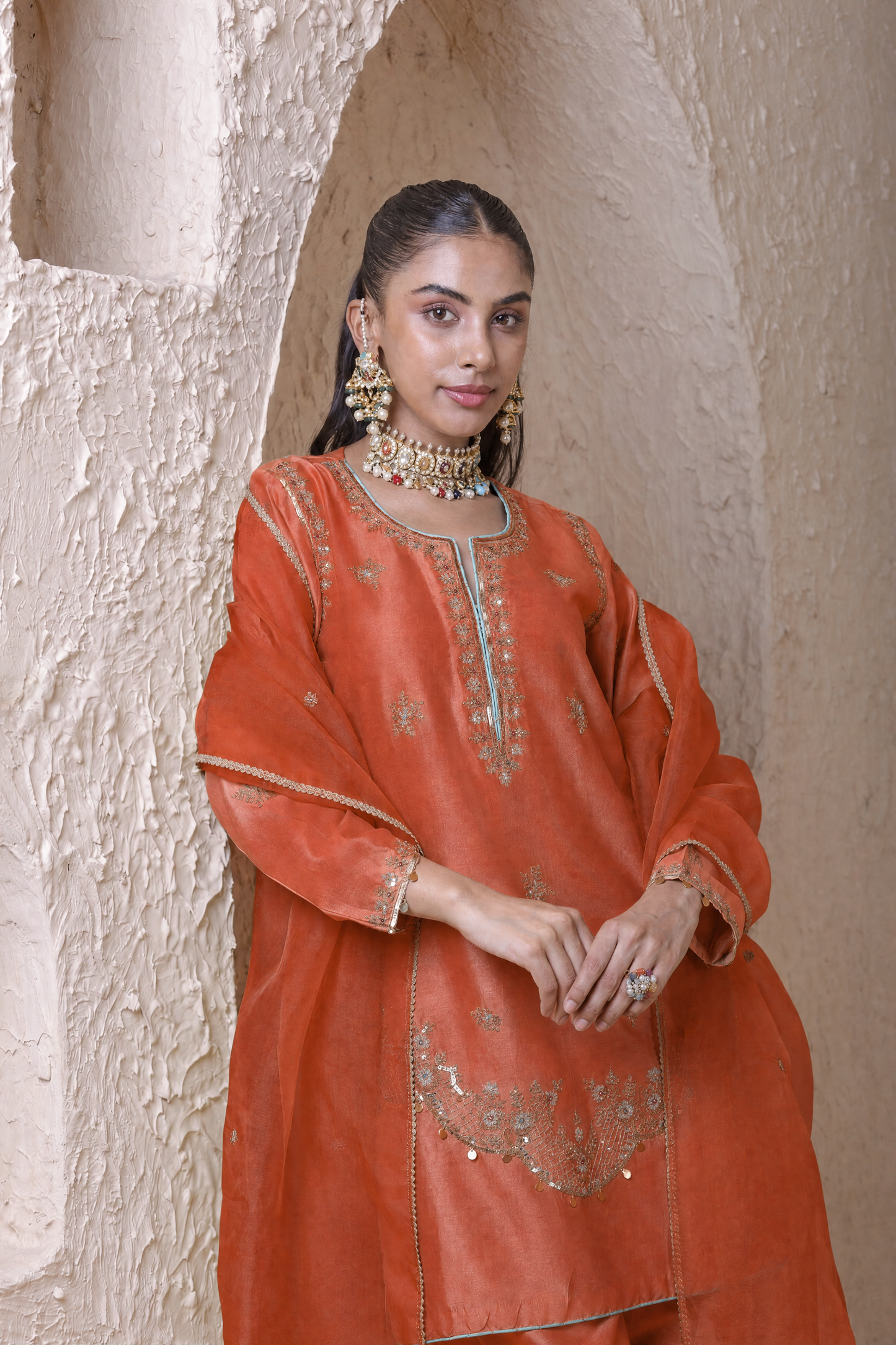 Rangrez Orange Scallop Short Kurta Set