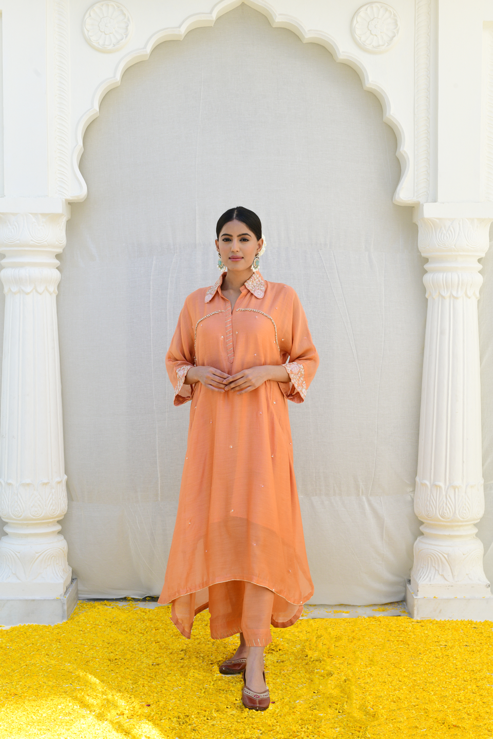 Peach Roselyn Collar Embroidery Kurta Set