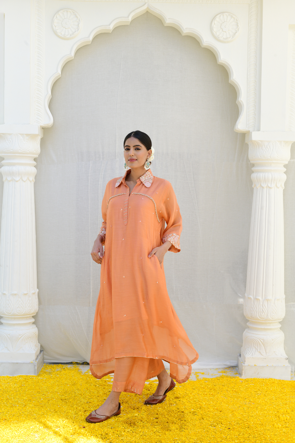 Peach Roselyn Collar Embroidery Kurta Set
