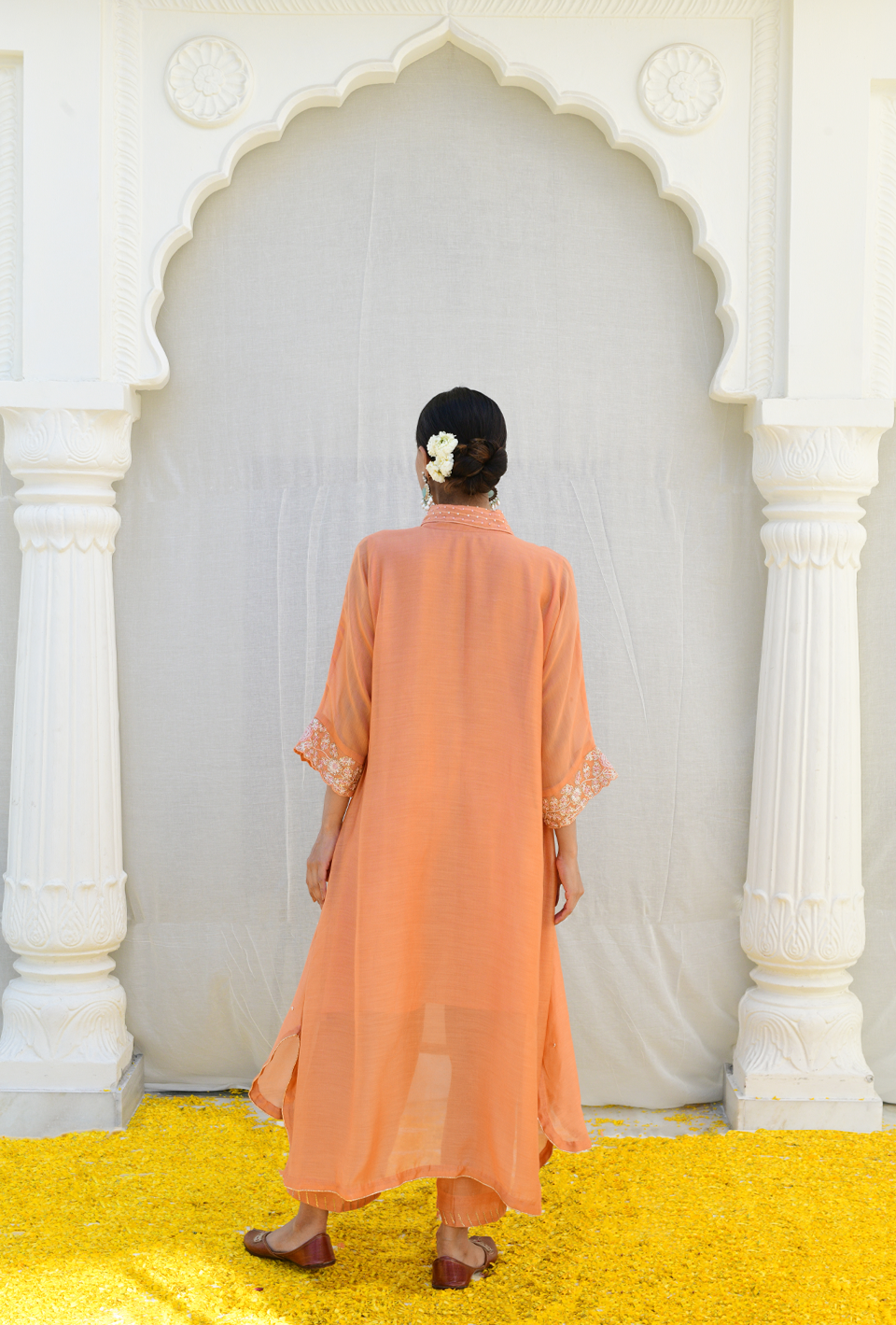 Peach Roselyn Collar Embroidery Kurta Set