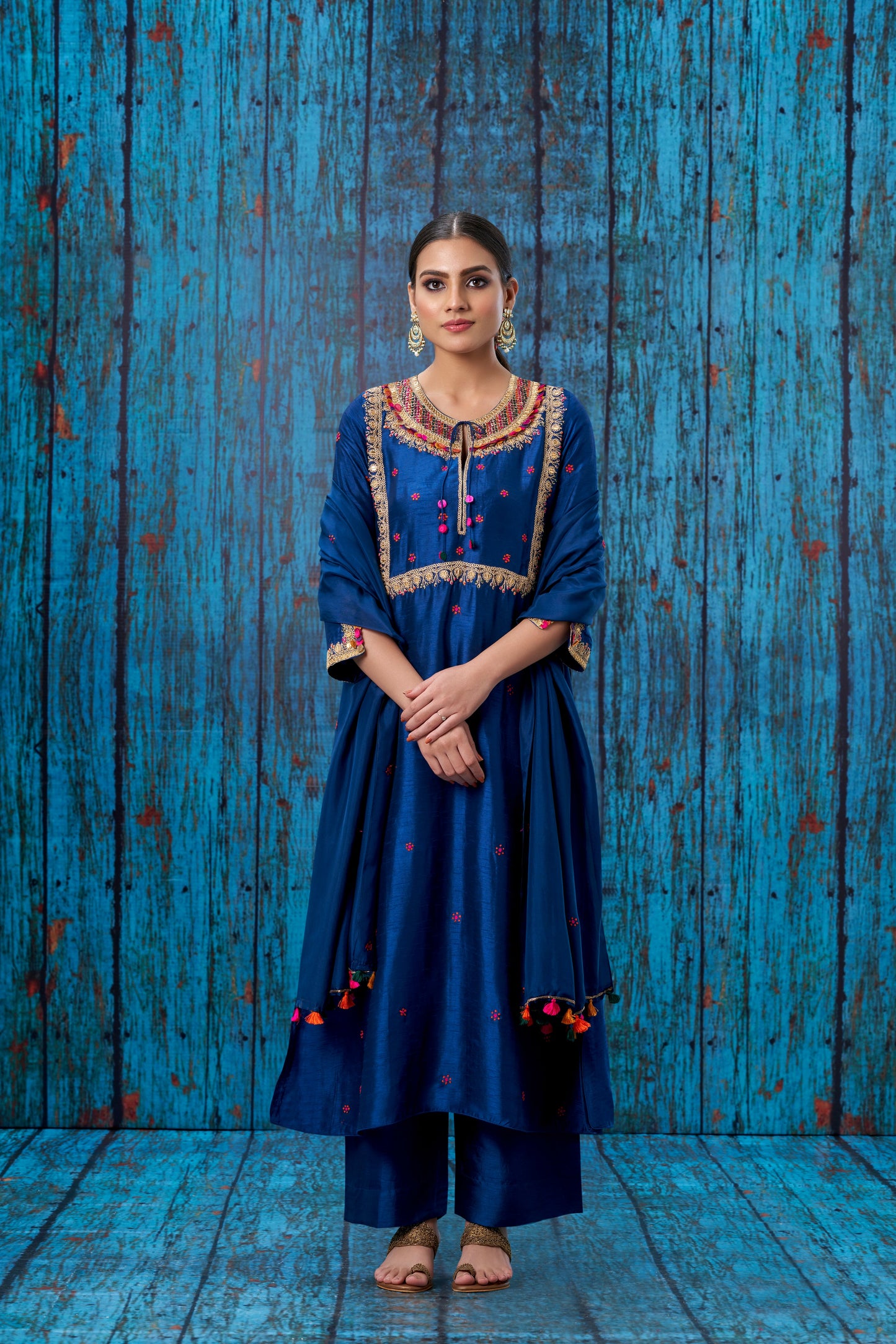 Blue Colorful Coin Square Neck Kurta Set