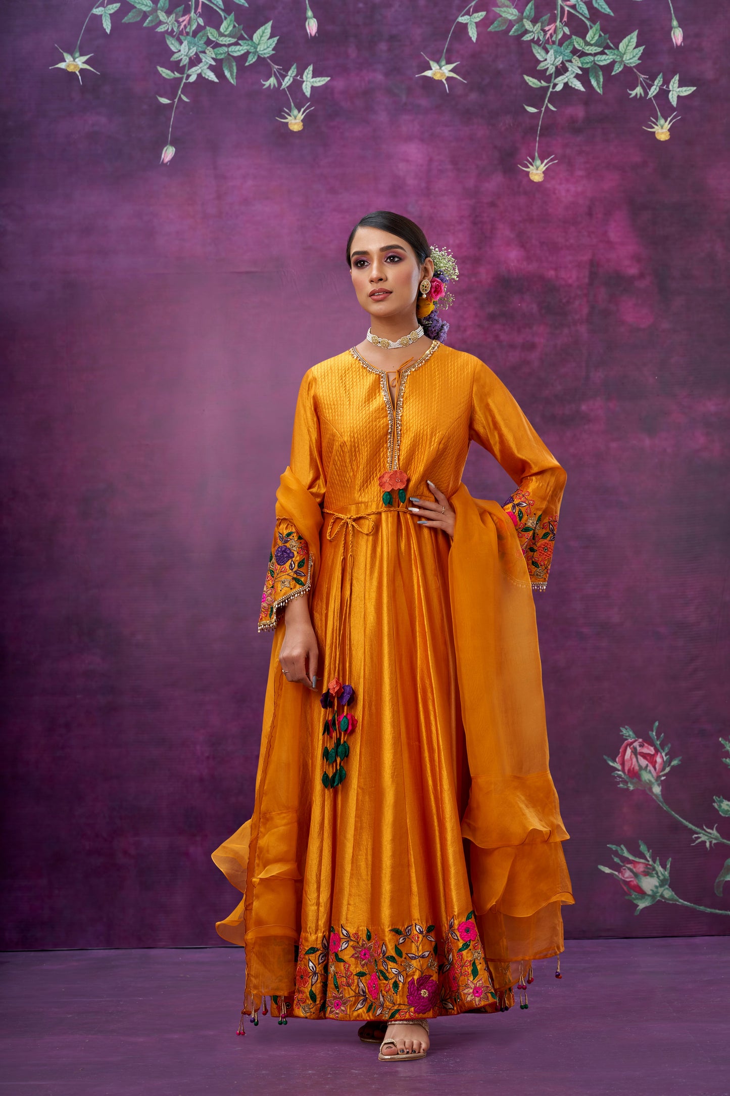 Mustard Floral Applique Anarkali Set
