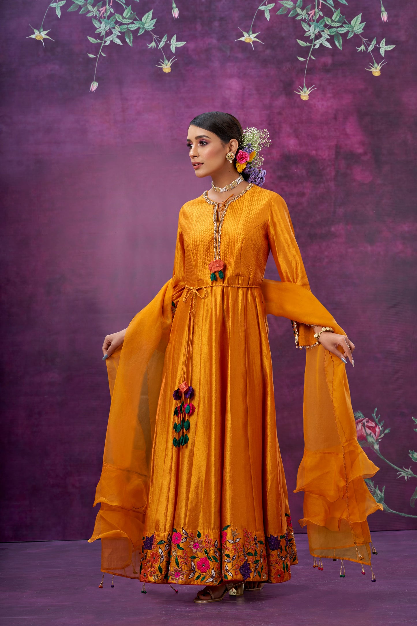 Mustard Floral Applique Anarkali Set