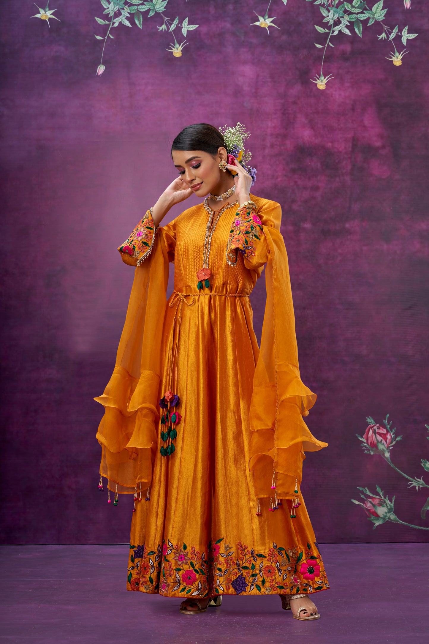 Mustard Floral Applique Anarkali Set