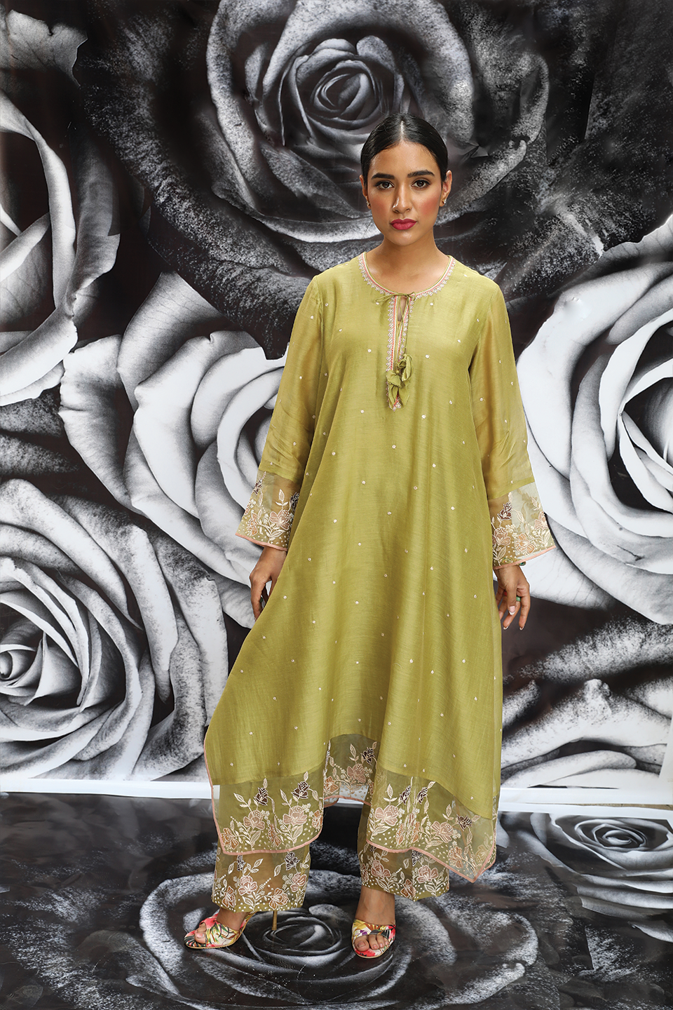 Green Applique Layered Heavy Kurta Set