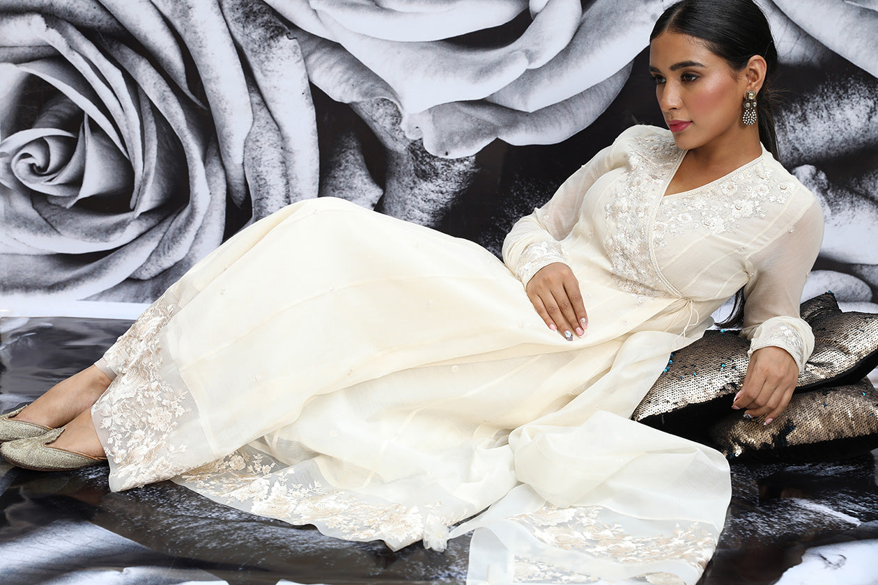 Ivory Angrakha Rose Kurta Set