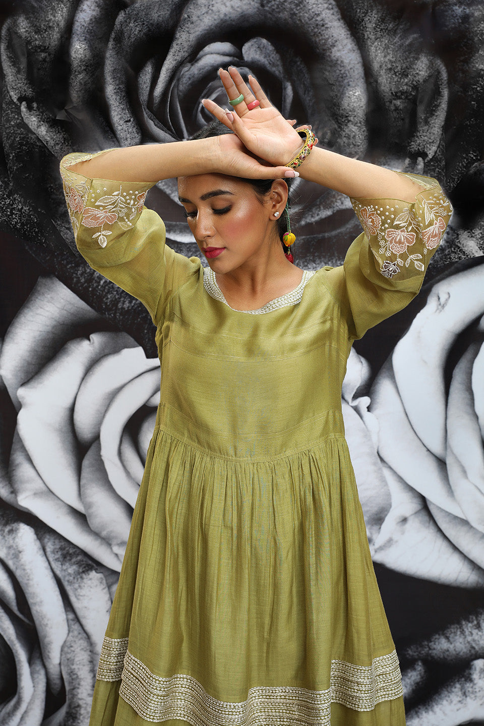 Green Applique Pleats Heavy Kurta Set