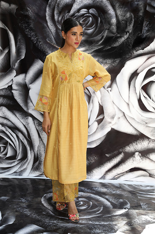 Yellow Applique Frock Style Kurta Set